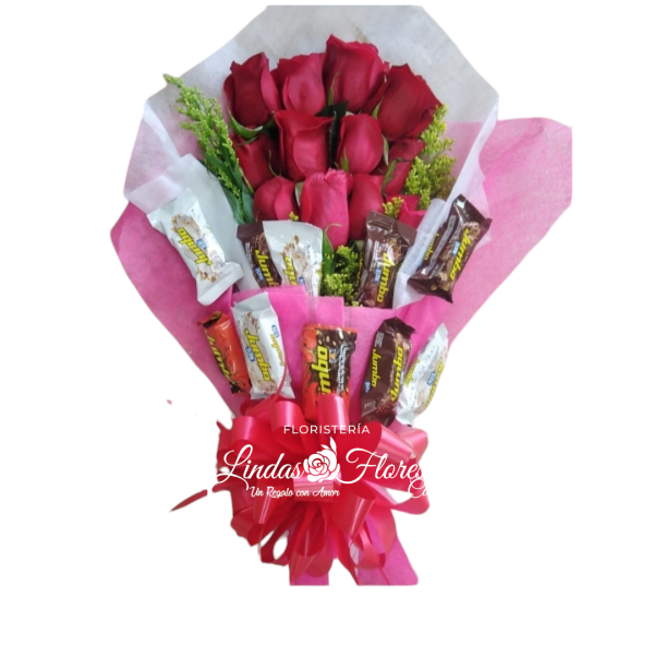 Bouquet de rosas y chocolates