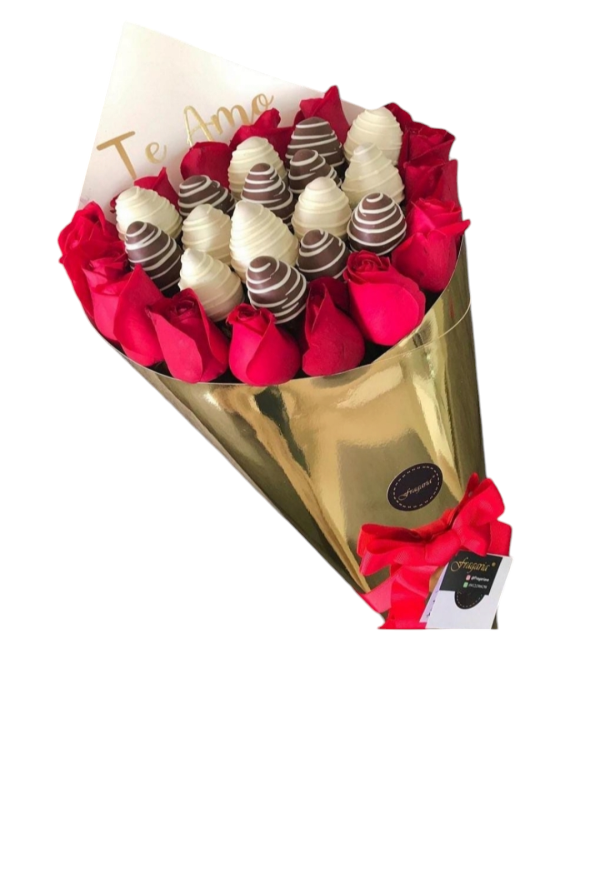 Bouquet de rosas y fresas con chocolate